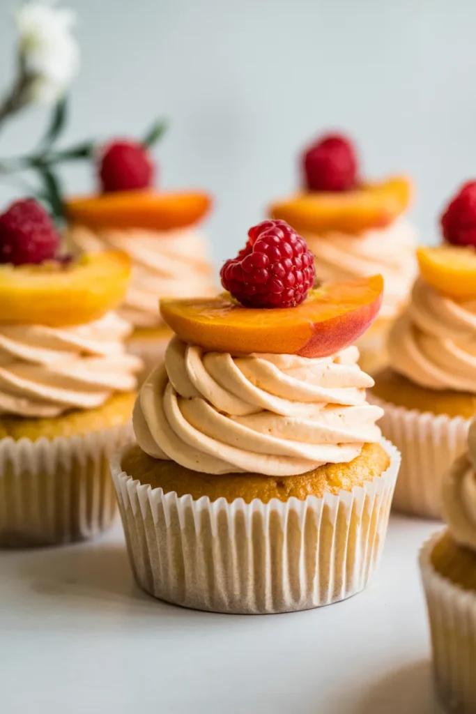 A close-up photograph of gourmet cupcakes with peach-colored frosting swirls. Each cupcake is topped with a fresh apricot slice and a single bright red raspberry. The cupcakes are nestled in white paper liners with a fluted edge. The frosting is piped in a tall, spiral pattern with smooth, professional swirls. The background is soft and blurred, creating a shallow depth of field effect. The image has a light, airy quality with natural lighting that highlights the glossy surface of the fruit toppings. The cupcakes are arranged in a slight arc formation, with some partially visible at the edges of the frame. The overall color palette consists of warm peach tones, vibrant reds from the raspberries, and crisp whites from the frosting and paper liners.