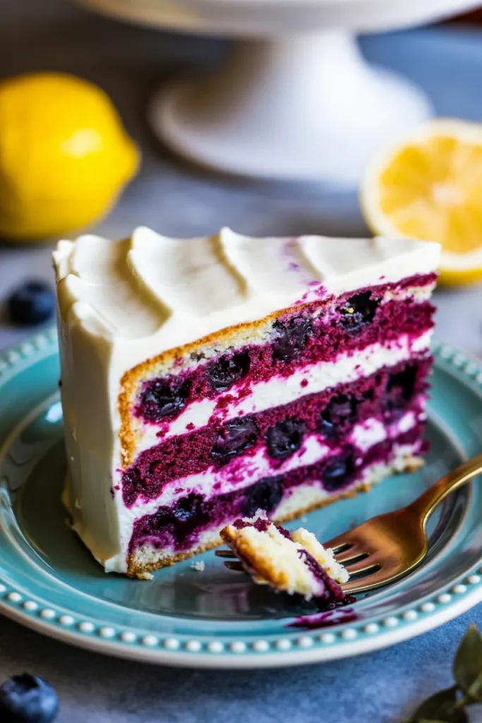 A close-up photograph of a slice of blueberry lemon cake on a decorative blue plate with a beaded pattern rim. The cake has three distinct layers visible, with bright purple blueberries embedded throughout. The cake is frosted with white cream cheese frosting that has a smooth, creamy texture. A gold-colored fork is positioned on the right side of the plate, with cake crumbs on its tines. In the background, slightly out of focus, there is a lemon half and a white cake stand. 