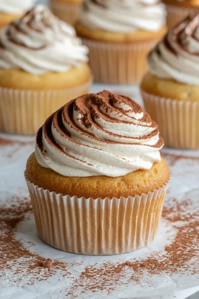 A close-up photograph of a tiramisu-flavored cupcake in a brown paper wrapper. The cupcake has a light golden-brown cake base topped with a thick swirl of white whipped cream frosting. The frosting is elegantly piped in a spiral pattern and generously dusted with dark cocoa powder in a circular design on top. The cupcake is positioned on a white textured surface with scattered cocoa powder particles. In the background, slightly out of focus, are additional cupcakes in matching brown paper wrappers. The image has a shallow depth of field, creating a soft blur effect on the background cupcakes. The lighting is bright and even, highlighting the contrast between the white frosting and dark cocoa powder topping.