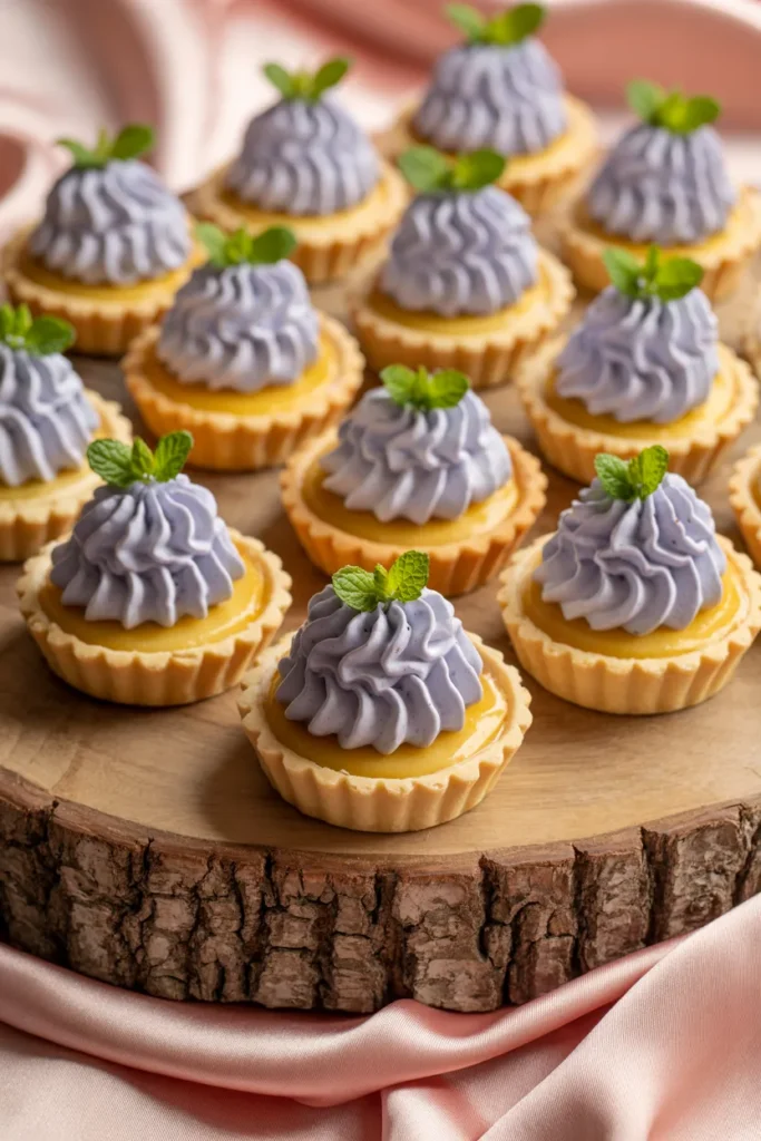 A close-up photograph of a collection of small tarts arranged on a rustic wooden slice with exposed bark. Each tart has a golden-brown fluted pastry shell filled with a bright yellow lemon curd. The tarts are topped with piped swirls of light purple buttercream frosting, each garnished with a small fresh green mint leaf. The wooden serving board is placed on a pink silk fabric that drapes across the bottom of the frame. The image has a shallow depth of field, with the front tarts in sharp focus while the background tarts are slightly blurred. The lighting is soft and even, highlighting the delicate texture of the buttercream swirls and the glossy surface of the lemon curd. The composition is arranged in a grid pattern with 12 tarts visible in the frame.