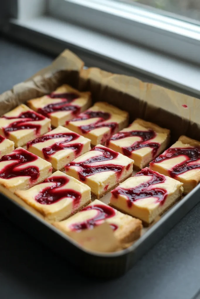 A close-up photograph of raspberry cheesecake bars in a metal baking pan lined with brown parchment paper. The bars are cut into 12 rectangular pieces and arranged in a grid pattern. Each bar has a smooth, pale yellow cheesecake layer swirled with vibrant red raspberry sauce in a diagonal pattern. The raspberry swirl creates distinct curved lines across each bar. The bars have a golden-brown shortbread crust at the bottom. The baking pan is positioned on a dark gray surface, and there's a window visible in the background with natural lighting coming from the left side. The image has a shallow depth of field, with the front pieces in sharp focus while the back pieces are slightly blurred. The lighting creates subtle shadows beneath each bar, emphasizing their clean-cut edges.