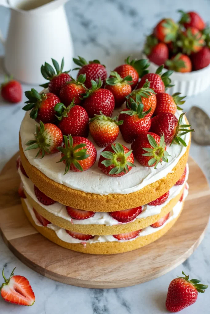 A professional food photograph of a three-layer strawberry shortcake on a round wooden cake board. The cake has a golden yellow sponge base with white whipped cream frosting sandwiched between each layer. The top is decorated with fresh, bright red strawberries arranged in a circular pattern, with some strawberries cut in half to reveal their seeds. Each strawberry has vibrant green leaves still attached. In the background, there is a white ceramic pitcher partially visible, and a small white bowl containing additional fresh strawberries with their green stems intact. Several loose strawberries are scattered on the light gray marble surface around the cake board. The image has soft, natural lighting that highlights the glossy surface of the strawberries and the creamy texture of the frosting. The photograph is shot from a slightly elevated angle, capturing the full height of the cake and its detailed decoration.