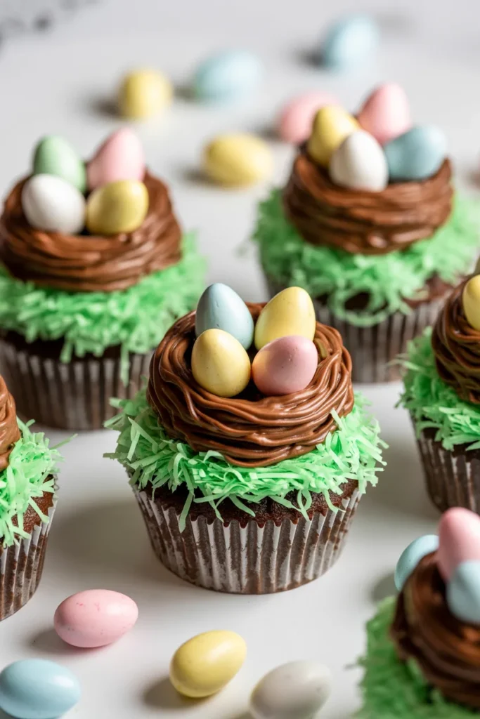 A close-up photograph of Easter-themed chocolate cupcakes arranged on a white surface. Each cupcake has a chocolate nest made of piped chocolate frosting with a realistic textured pattern. The nests are decorated with small pastel-colored candy eggs - pink, yellow, light blue, and white - arranged to look like baby birds in the nest. The cupcakes are topped with bright green coconut flakes scattered across the chocolate frosting to represent grass. The cupcakes are in silver foil liners. In the background, there are loose pastel-colored candy eggs that are slightly out of focus. The image has a shallow depth of field, with the front cupcakes in sharp focus and the background gently blurred. The lighting is bright and even, creating a clean, professional food photography aesthetic.