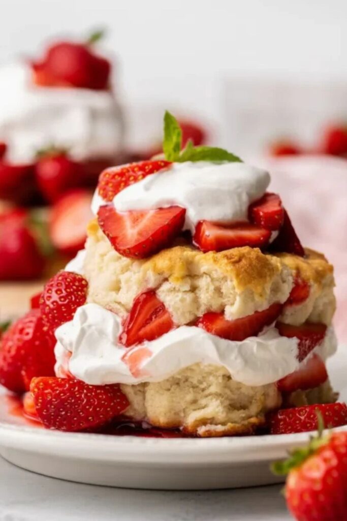 Golden buttermilk biscuit split and filled with sliced strawberries and whipped cream
