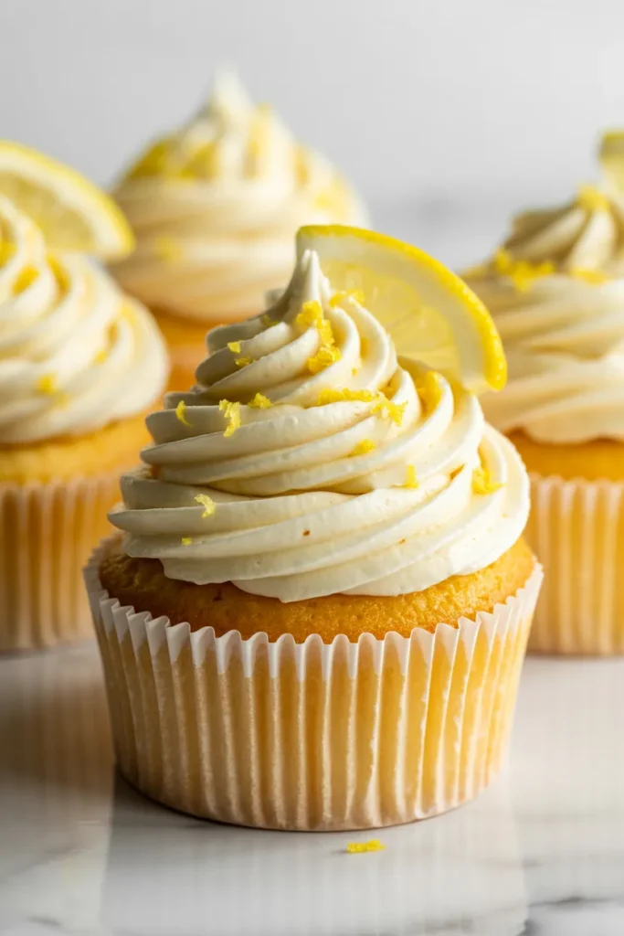 A close-up photograph of lemon cupcakes with white frosting on a white marble surface. The cupcakes are topped with a tall, swirled dollop of bright white buttercream frosting, garnished with fine lemon zest. Each cupcake is nestled in a white paper cupcake liner with vertical ridges. The cupcakes are arranged in a slight cluster, with three cupcakes visible in the frame. The frosting has a smooth, creamy texture and creates a tall, elegant peak with defined swirls. A fresh lemon wedge is placed on top of one of the cupcakes. The lighting is bright and even, creating subtle shadows beneath the cupcakes. The image has a shallow depth of field, with the front cupcake in sharp focus while the background cupcakes are slightly blurred.