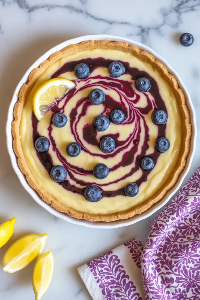A top-down view of a lemon blueberry tart on a white scalloped ceramic pie plate. The tart has a golden-brown shortbread crust and features a creamy pale yellow lemon curd base swirled with deep purple blueberry compote. Fresh blueberries are scattered across the surface, and a lemon wedge garnish sits at the edge. The tart is photographed on a white marble countertop with subtle gray veining. In the bottom left corner, there are yellow lemon wedges. A purple and white patterned kitchen towel is partially visible in the bottom right corner of the frame. The image has a bright, clean composition with natural lighting that highlights the contrast between the yellow filling and purple swirls.