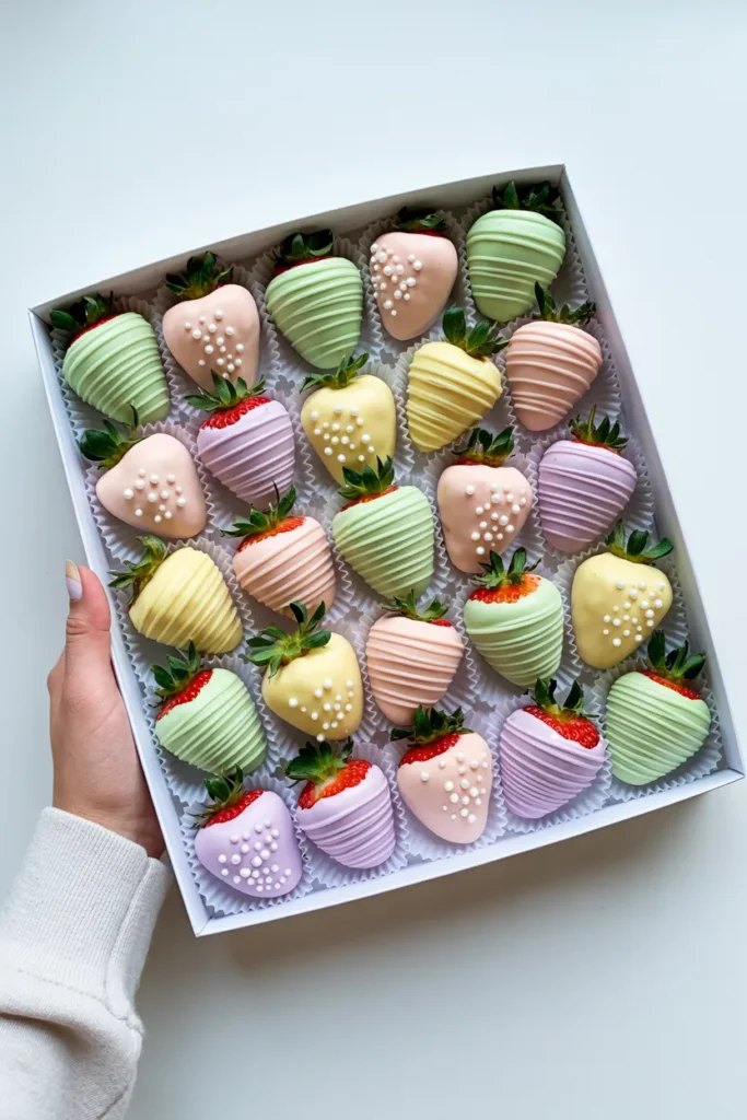 A top-down view of a white cardboard box containing 20 chocolate-covered strawberries arranged in a 4x5 grid pattern. Each strawberry is decorated with a different pastel-colored coating - mint green, pale yellow, light pink, peach, and lavender. The strawberries are adorned with white pearl-like sprinkles on top and have green leaves and stems intact. The strawberries are individually wrapped in clear plastic and placed in a white paper liner inside the box. A hand wearing a white long-sleeved garment is visible on the left side of the box, holding it. The box is photographed against a plain white background. The strawberries are decorated with vertical ridges or lines across their surfaces, creating a textured appearance.