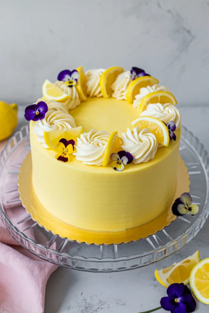 A professional food photography shot of a lemon layer cake on a clear glass cake stand. The cake has a smooth, bright yellow buttercream frosting covering the entire surface. The top is decorated with piped white buttercream rosettes arranged in a circular pattern, alternating with fresh lemon slices. Small purple and yellow pansy flowers are placed between the rosettes and lemon slices as garnish. The cake is positioned on a decorative glass cake stand with cutout patterns around its rim. In the background, there is a light gray textured surface. A pink linen napkin is partially visible on the left side of the frame. Lemon wedges and additional purple pansy flowers are scattered around the base of the cake. The lighting is bright and even, creating soft shadows that emphasize the cake's smooth texture and the glossy surface of the glass stand.
