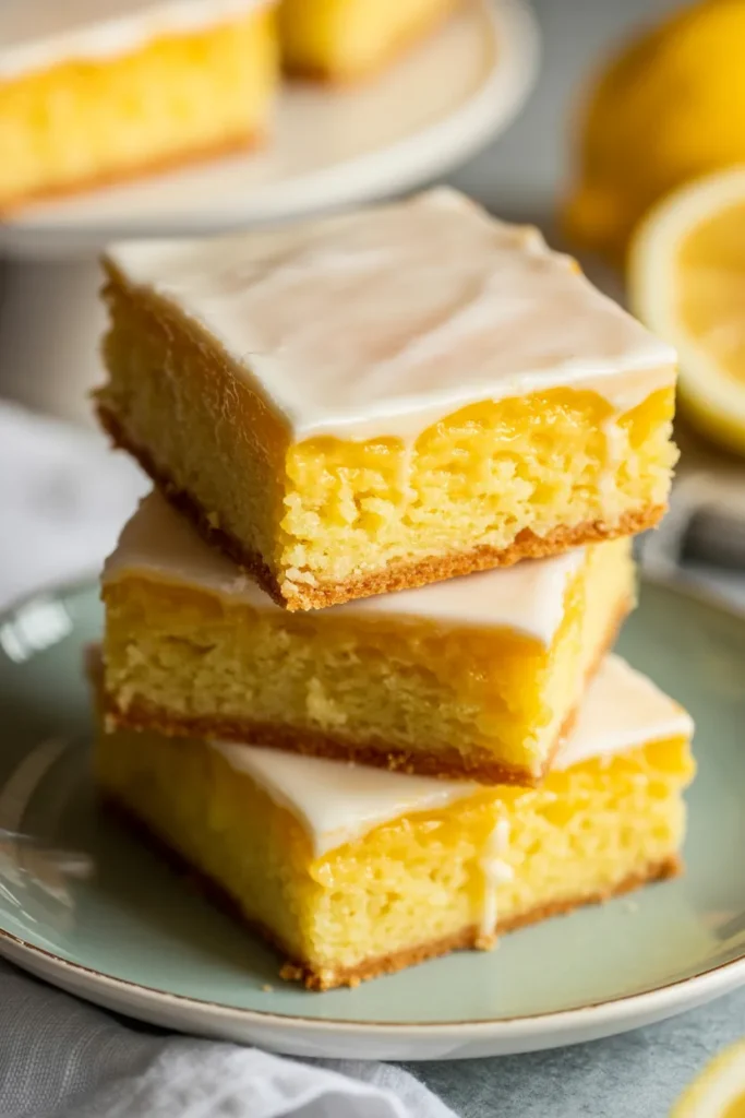A close-up photograph of lemon bars stacked three high on a light gray plate. The bars have a bright yellow, moist cake base with a thick white glaze coating. The glaze has a smooth, glossy finish and shows slight cracks and imperfections. The bars are cut into perfect square shapes and are 2 inches in size. In the background, there is a white cloth napkin partially visible on the left side. The image has a soft, warm lighting that highlights the buttery yellow color of the cake. The background is slightly blurred, creating a shallow depth of field effect. A whole lemon is visible in the soft-focused background on the right side of the frame.
