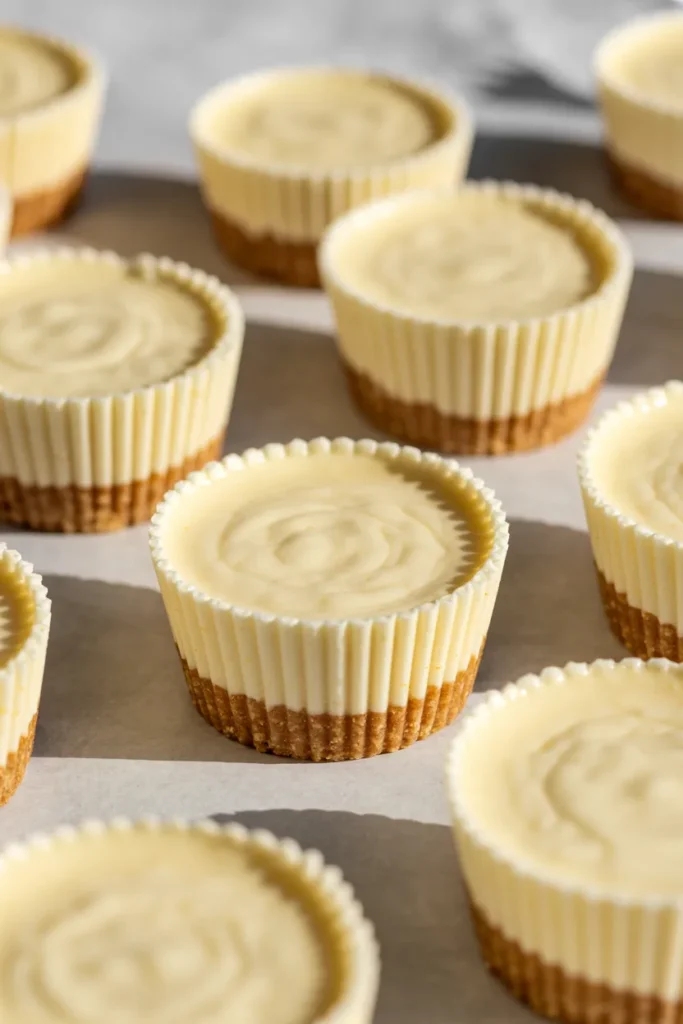 A close-up photograph of no-bake mini cheesecake cups with a graham cracker crust base.