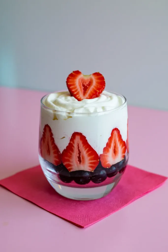 A close-up photograph of a layered dessert in a clear glass tumbler placed on a bright pink paper napkin. The dessert consists of white whipped cream at the top, followed by sliced red strawberries arranged in a decorative pattern, and a layer of dark purple blueberries at the bottom. A single whole strawberry with a heart shape is placed on top of the whipped cream as a garnish. The glass is cylindrical and sits on a solid pink surface. The background is a soft, neutral gray color. The composition is centered and photographed from a straight-on angle with professional lighting that highlights the contrast between the white cream, red strawberries, and dark blueberries.