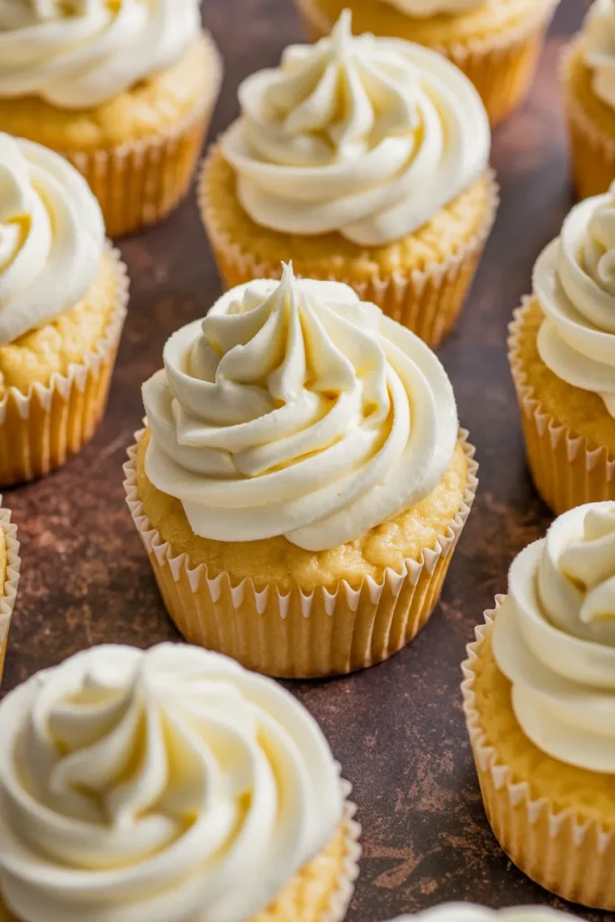 A close-up photograph of vanilla cupcakes with white buttercream frosting arranged on a dark brown textured surface. Each cupcake is topped with a perfect swirl of white cream cheese frosting, creating a tall, elegant peak. The cupcakes are nestled in light pink paper liners with a fluted edge. The frosting has a smooth, creamy texture with a matte finish. The cupcakes are evenly spaced and photographed from a slightly elevated angle. The lighting is bright and even, highlighting the contrast between the pale frosting and the darker surface. The image is sharp and in focus, showing fine details in both the frosting texture and the cupcake tops.