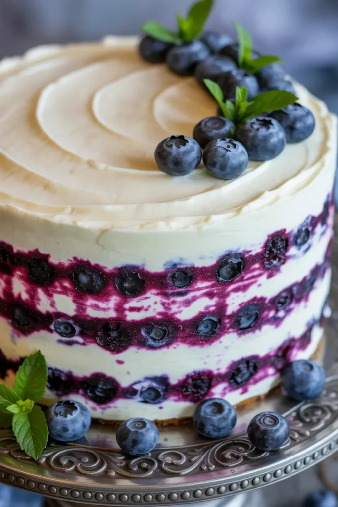 A professional food photography shot of a layered lemon blueberry cake on an ornate silver cake stand. The cake has a smooth white cream cheese frosting covering the entire surface and is decorated with fresh blueberries and mint leaves on top. The blueberry layer creates a striking purple-blue contrast against the white filling. Several fresh blueberries are scattered around the base of the cake on the stand.