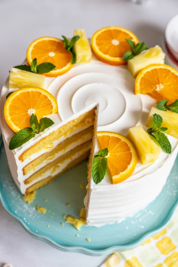 A bright citrus-themed layered cake photographed from above on a light turquoise scalloped plate. The cake has three visible layers of golden-orange cake separated by white cream filling. A slice has been cut and placed to the left of the cake, revealing the distinct layers. The cake is decorated with fresh orange slices, pineapple chunks, and mint leaves scattered across the white whipped cream frosting. The frosting is piped in a smooth, even layer across the top of the cake. The orange slices are arranged artistically, with some showing the bright orange flesh and others displaying just the outer skin. The mint leaves are fresh and green, providing contrast against the white frosting. The cake is photographed on a white surface, with a partial view of a yellow and white patterned napkin visible in the bottom right corner. The lighting is bright and even, highlighting the vibrant colors of the citrus elements and creating a fresh, tropical aesthetic.