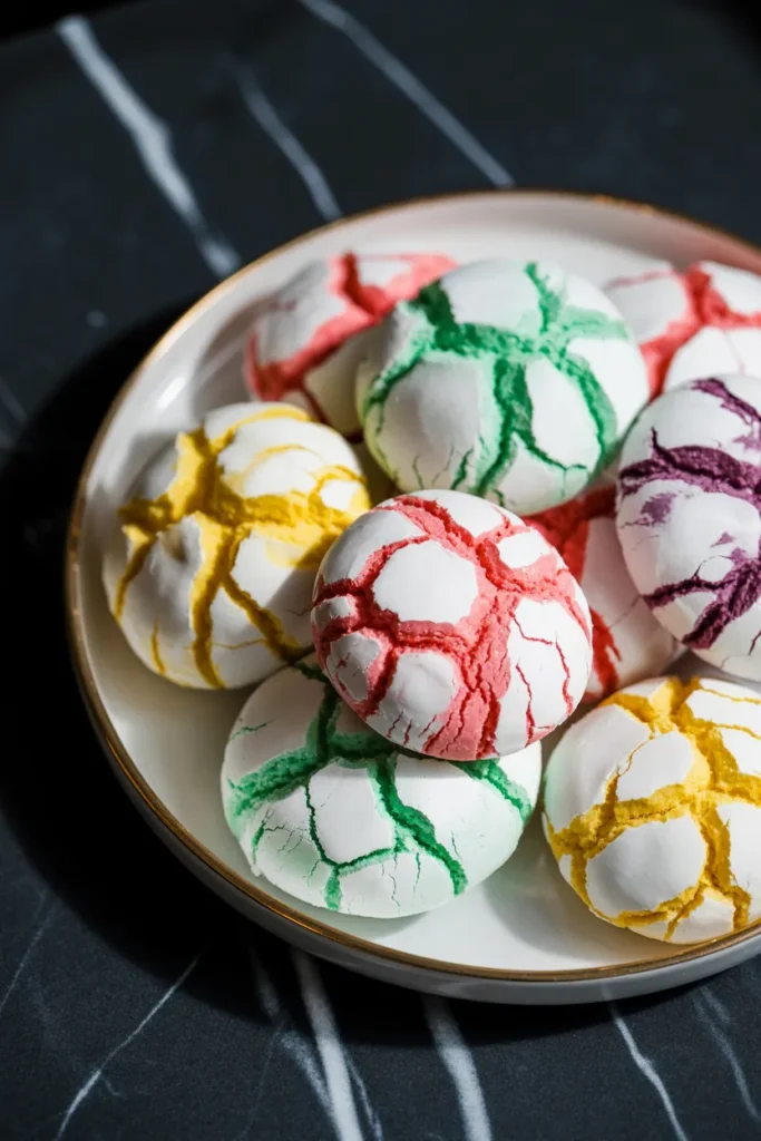A professional food photography composition of springtime crinkle cookies on a black marble surface. image shows a white ceramic plate containing colorful crinkle cookies in yellow, pink, mint green, and purple hues. The cookies have the characteristic cracked surface texture and are arranged casually on the plate. A small portion of a wooden spoon is visible at the edge of the plate.