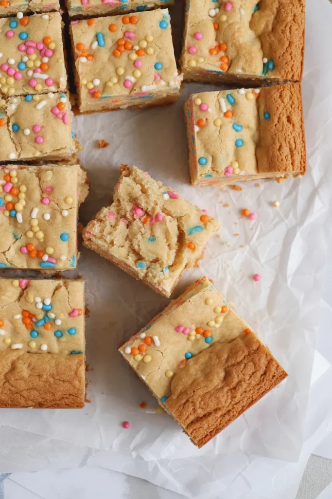 A top-down view of freshly baked cookie bars cut into square pieces on white parchment paper. The bars are golden brown in color with a soft, chewy texture. The surface is generously sprinkled with colorful nonpareil and jimmie-style sprinkles in pink, blue, yellow, orange, and white colors. The cookie bars have a slightly crackled surface and are 8x8 inches in size. One piece is broken apart, showing the soft, cake-like interior texture. The edges of the cookie bars are golden brown and slightly crispy. The white parchment paper beneath the bars shows natural creases and wrinkles. The image has a bright, clean aesthetic with natural lighting that highlights the colorful sprinkles against the light background.
