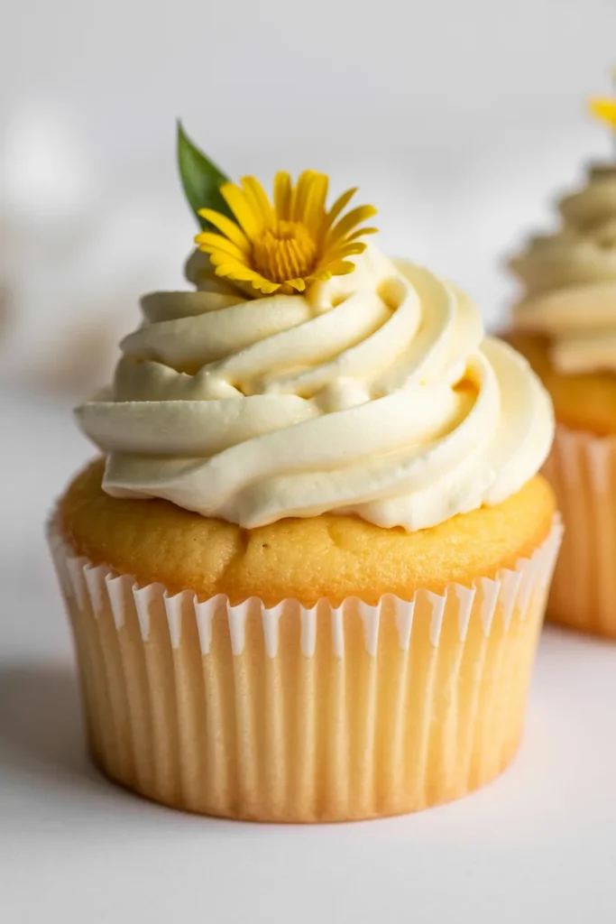 A close-up photograph of a vanilla cupcake with white buttercream frosting. The frosting is piped in a tall, swirled peak style with a yellow daisy flower decoration on top. The daisy has bright yellow petals and a small green leaf stem. The cupcake sits in a white paper cupcake liner with vertical ridges. The cake has a pale yellow, moist crumb texture. The image is shot against a soft white background with subtle shadows. A second cupcake is partially visible and blurred in the background on the right side. The photograph has a bright, clean aesthetic with sharp focus on the main cupcake and professional food photography lighting that highlights the creamy texture of the frosting.