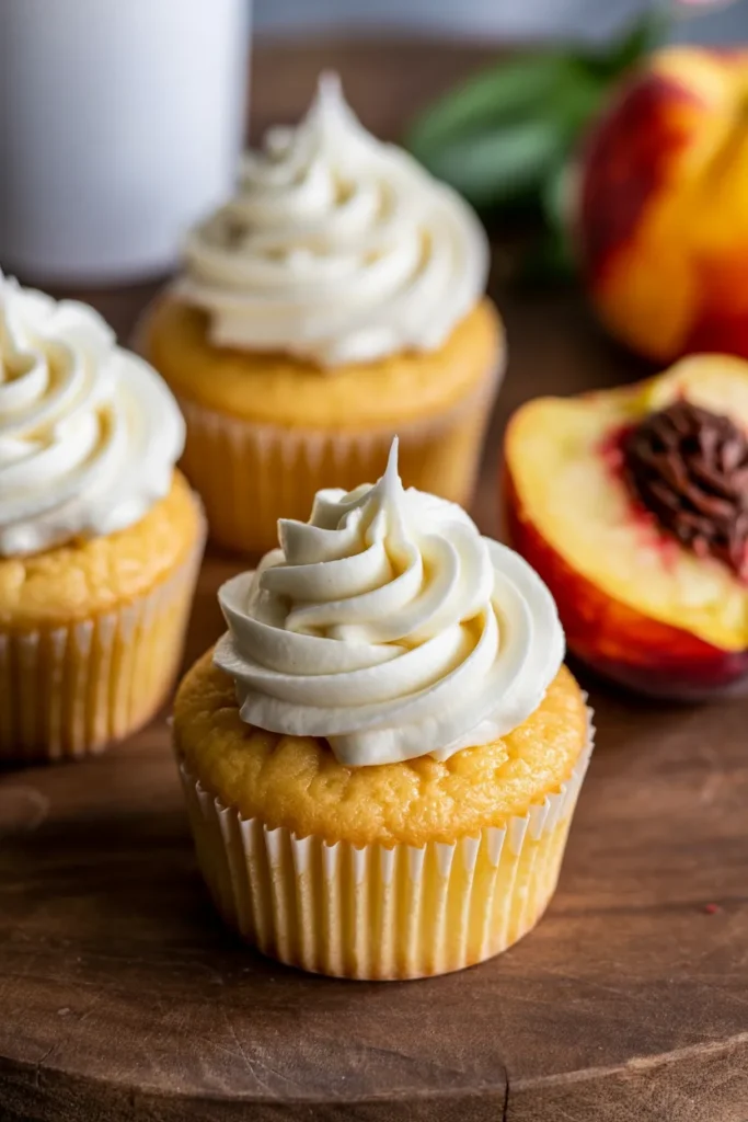 A close-up photograph of three vanilla cupcakes with white paper liners on a dark wooden surface. Each cupcake is topped with a swirl of creamy white buttercream frosting in a tall, decorative peak. The cupcakes are positioned in the center of the frame, with one cupcake in sharp focus in the foreground and two slightly blurred in the background. On the right side of the image, there is a halved fresh peach with its dark brown pit visible, showing the orange-yellow flesh and seeds. The peach is partially out of frame. The cupcakes have a golden-yellow cake base and are perfectly domed in shape. The lighting is soft and natural, creating subtle shadows beneath the cupcakes. The wooden surface has visible grain patterns and a rich brown color.
