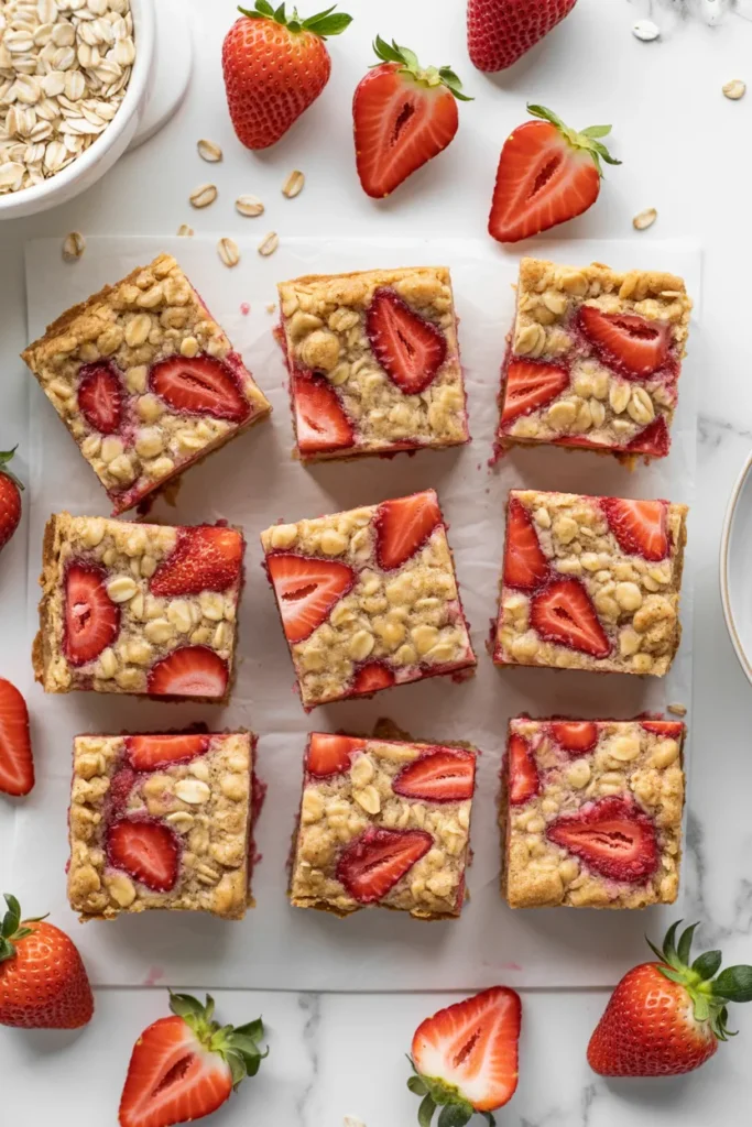 A top-down view of fresh strawberry oat bars cut into 9 squares on a white marble surface. The bars have a golden-brown crumble topping with visible oats and a bright red strawberry filling. Each square shows distinct strawberry chunks and a golden-brown streusel topping. Fresh whole strawberries with bright green stems are scattered around the marble surface, with some halved to show their seeds. A white ceramic bowl containing whole oats is partially visible in the top left corner. The strawberries are vibrant red with smooth glossy surfaces, and some are cut in half to display their interior seeds. The lighting is bright and even, creating a clean, professional food photography aesthetic. The marble surface has subtle gray veining patterns running through it.