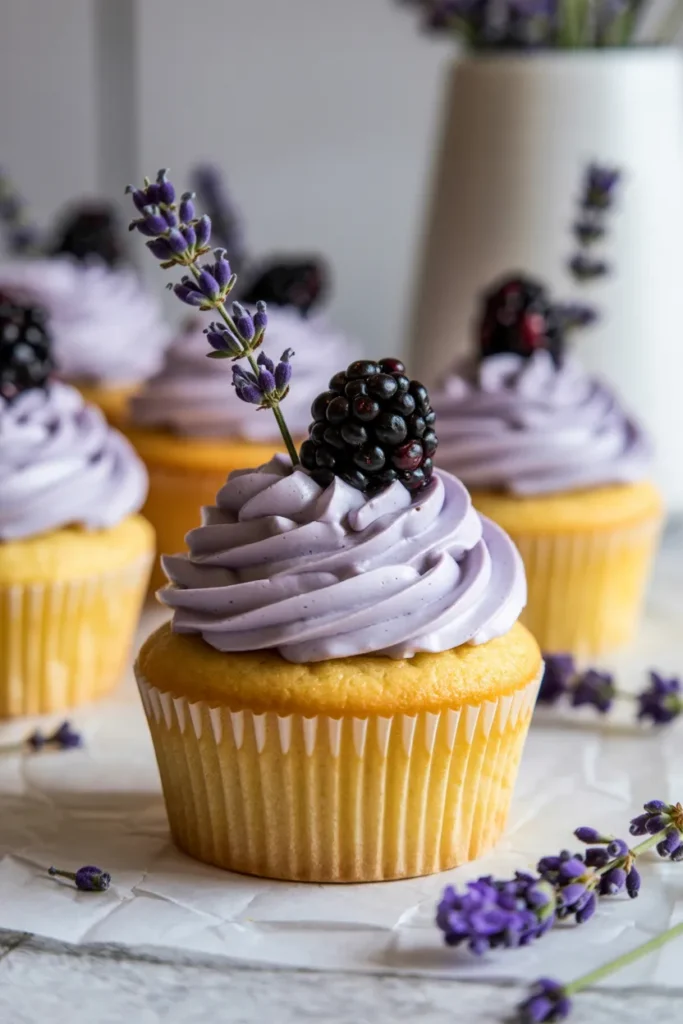 A close-up photograph of a lavender-infused cupcake with a light yellow cake base. The cupcake has a piped swirl of pale purple frosting topped with a fresh blackberry and a sprig of fresh lavender. The cupcake sits in a light golden paper liner. In the background, slightly out of focus, there are additional cupcakes with the same purple frosting and lavender garnish. The image is shot on a white textured surface with scattered lavender sprigs visible in the foreground. A white ceramic container is partially visible in the background. The lighting is soft and natural, creating subtle shadows beneath the cupcakes. The composition is centered on the main cupcake with a shallow depth of field that blurs the background elements.