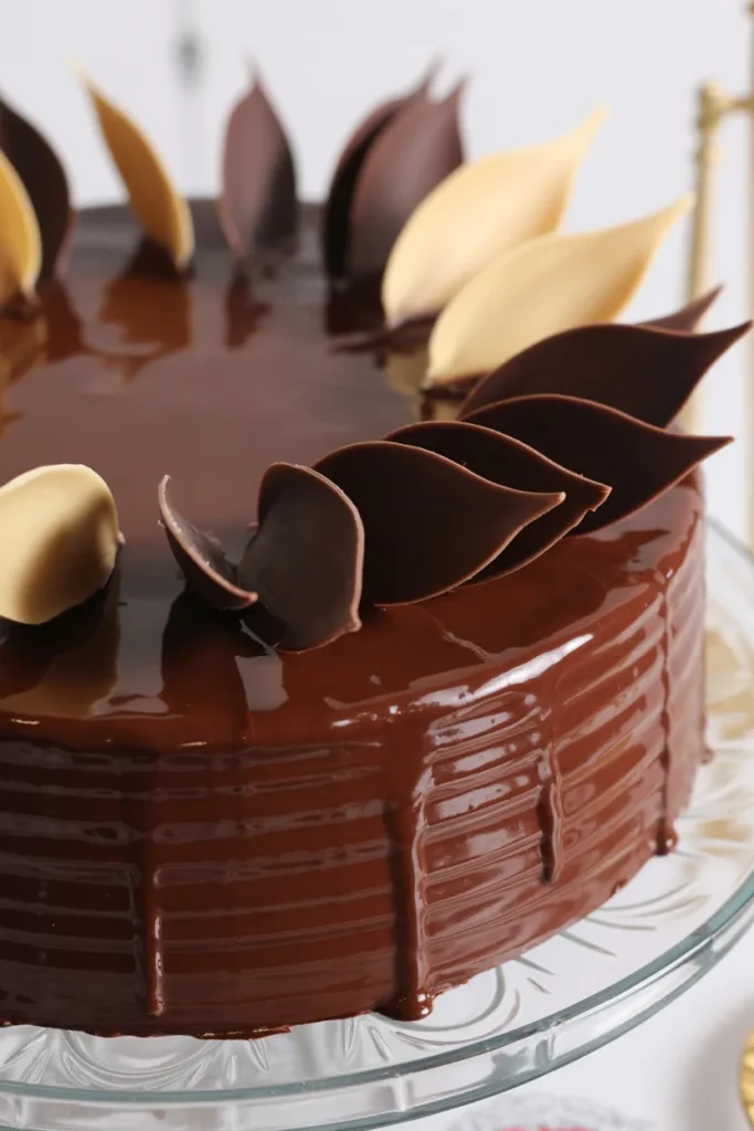 A close-up photograph of a round chocolate cake on a clear glass cake stand. The cake has a glossy dark chocolate ganache coating that creates a smooth, wet surface. Dark chocolate leaves are arranged decoratively on top of the cake, contrasting with light beige fondant leaves. The cake has multiple layers visible through the glossy chocolate coating. The lighting is bright and even, highlighting the sheen of the chocolate glaze. The background is slightly blurred and neutral-toned. The cake is positioned slightly off-center on the clear glass stand, which has a subtle pattern around its rim.