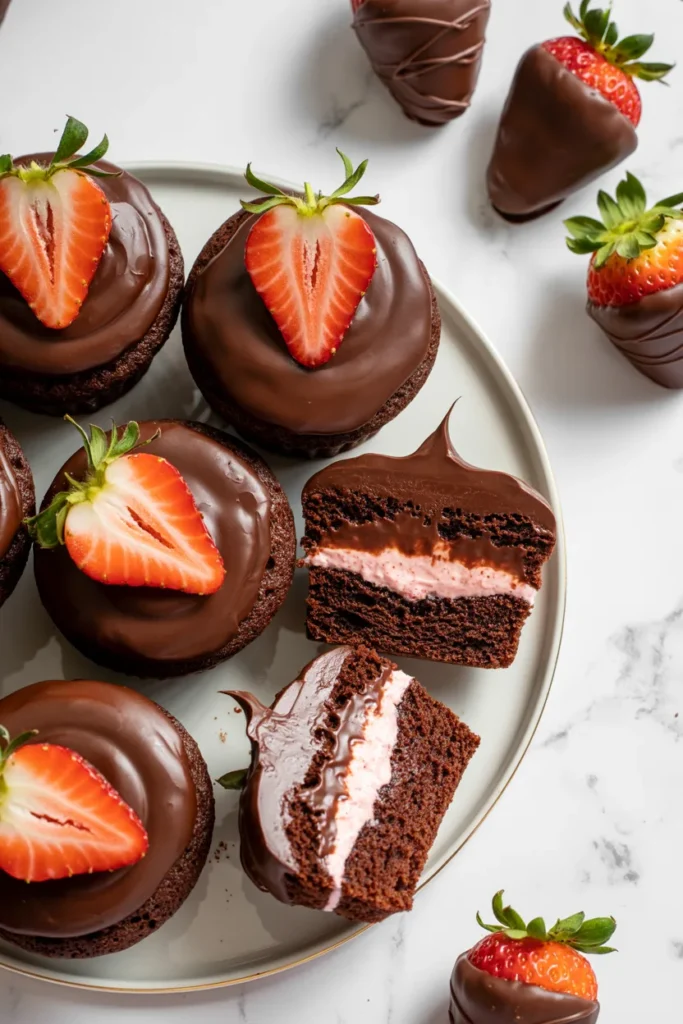 A high-quality food photograph of chocolate cupcakes on a white ceramic plate against a white marble background. The cupcakes have dark chocolate cake bases and are topped with thick, glossy chocolate ganache. Each cupcake is garnished with a fresh red strawberry slice. One cupcake in the center is cut in half, revealing a pink strawberry filling between the layers. In the top right corner of the marble surface, there are three chocolate-dipped strawberries with green stems and leaves. The chocolate coating on the strawberries is smooth and reflective. The lighting is bright and even, creating subtle shadows beneath the cupcakes. The composition is shot from directly above, showing 6 cupcakes in total. The chocolate ganache has a rich, deep brown color and is piped in a circular pattern on top of each cupcake.