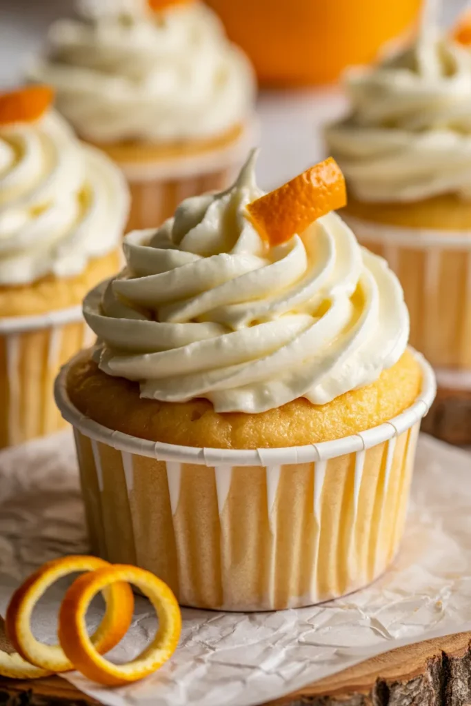 A close-up photograph of a citrus-infused cupcake with a smooth, white cream cheese frosting swirled in a tall peak. The cupcake sits in a white paper cupcake liner with vertical ridges. A small piece of dried orange peel garnishes the frosting peak. The cupcake has a pale yellow cake base. In the background, slightly out of focus, there are additional cupcakes with the same frosting style. On the wooden surface, there is a decorative orange peel spiral garnish in the lower left corner. The image has a shallow depth of field with a soft, blurred background in warm orange tones. The lighting is bright and even, highlighting the creamy texture of the frosting.