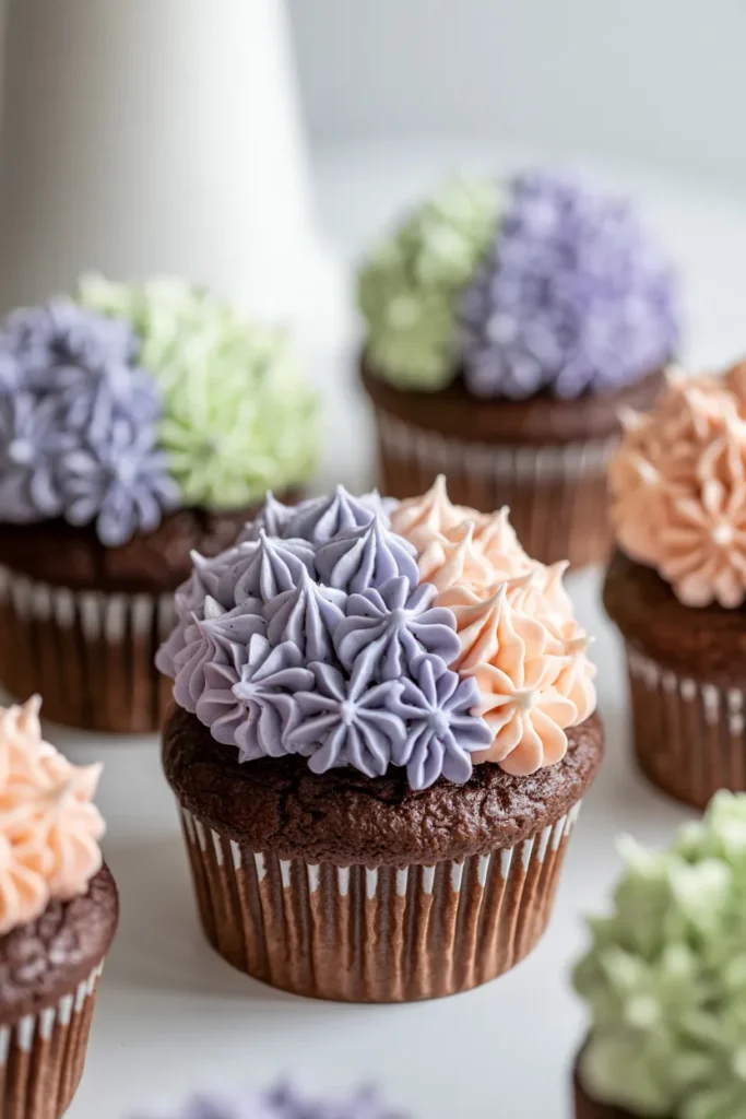 A close-up photograph of chocolate cupcakes with hydrangea-style frosting decorations. The cupcakes are arranged on a white surface and feature dark chocolate cake in brown paper liners. Each cupcake is topped with a delicate flower cluster made of piped buttercream frosting in pastel colors - lavender, mint green, pale pink, and peach. The frosting clusters are meticulously piped with multiple small petals arranged in a tight, rounded formation. The cupcakes are in sharp focus in the foreground, with a soft blur effect on the background. The chocolate cake has a rich, matte finish and the paper liners have a ribbed texture. The image has a shallow depth of field, creating a professional food photography aesthetic with the background elements fading into a soft white bokeh effect.