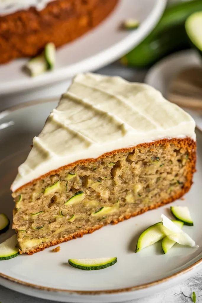 A close-up photograph of a slice of zucchini cake on a white ceramic plate. The cake has a light brown, moist crumb texture with visible green zucchini pieces throughout. The top is covered with a smooth, white cream cheese frosting that has diagonal striped lines created with a knife. Small shavings of fresh zucchini are scattered around the base of the cake slice on the plate. The background is slightly blurred with hints of green foliage visible. The lighting is bright and even, highlighting the texture of the cake and the glossy surface of the frosting. The cake slice is positioned slightly off-center on the plate, taking up approximately two-thirds of the frame.