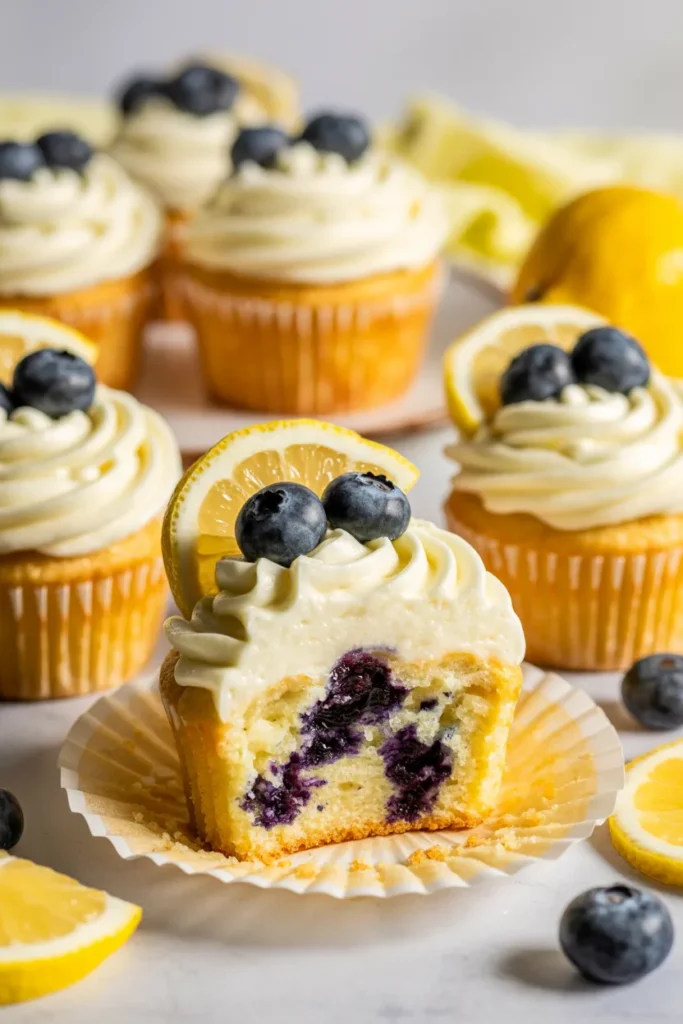 A close-up photograph of lemon blueberry cupcakes on a white plate. The cupcakes have smooth, swirled white buttercream frosting topped with fresh blueberries and lemon slices. One cupcake in the center has been bitten into, revealing a moist yellow cake interior studded with fresh blueberries. The cupcakes are arranged on a white plate with a yellow napkin visible in the background. Fresh blueberries and lemon slices are scattered around the plate. The cupcakes are in gold-colored paper liners. The image has a shallow depth of field with the front cupcakes in sharp focus while the background cupcakes are slightly blurred. The lighting is bright and even, creating a clean, professional food photography aesthetic.