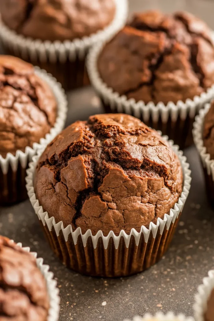 A close-up photograph of chocolate muffins in white paper liners on a dark brown speckled countertop. The muffins have a distinctive dry, cracked top surface with a rich brown color and deep crevices. The texture is rough and uneven, creating a rustic, homemade appearance. The muffins are arranged in a casual, slightly overlapping pattern. The lighting is warm and natural, highlighting the glossy sheen on the surface of the muffins. The image is shot from a slightly elevated angle, focusing on the front muffin in the center of the frame. The background muffins are slightly out of focus, creating depth of field. The paper liners are standard cupcake-sized with a fluted edge design.