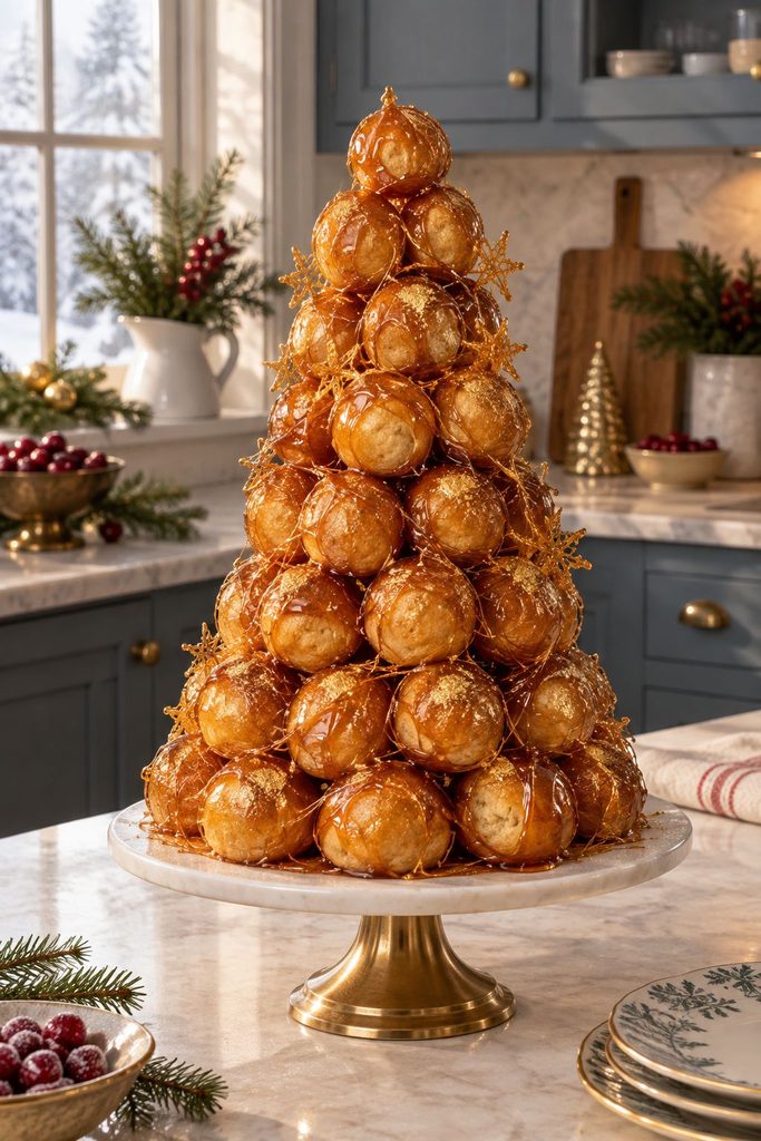 Tall cone shaped croquembouche tower of cream puffs drizzled with caramel