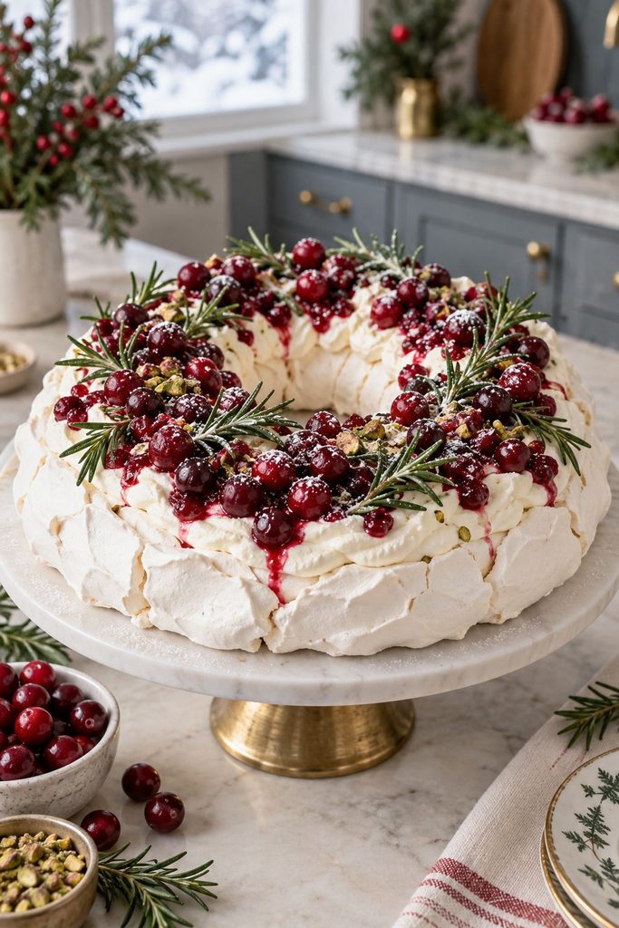 Ring shaped pavlova wreath topped with whipped cream fresh cranberries and rosemary