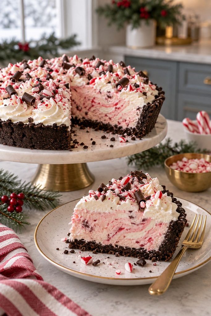Peppermint stick ice cream pie with a slice cut showing pink swirled ice cream