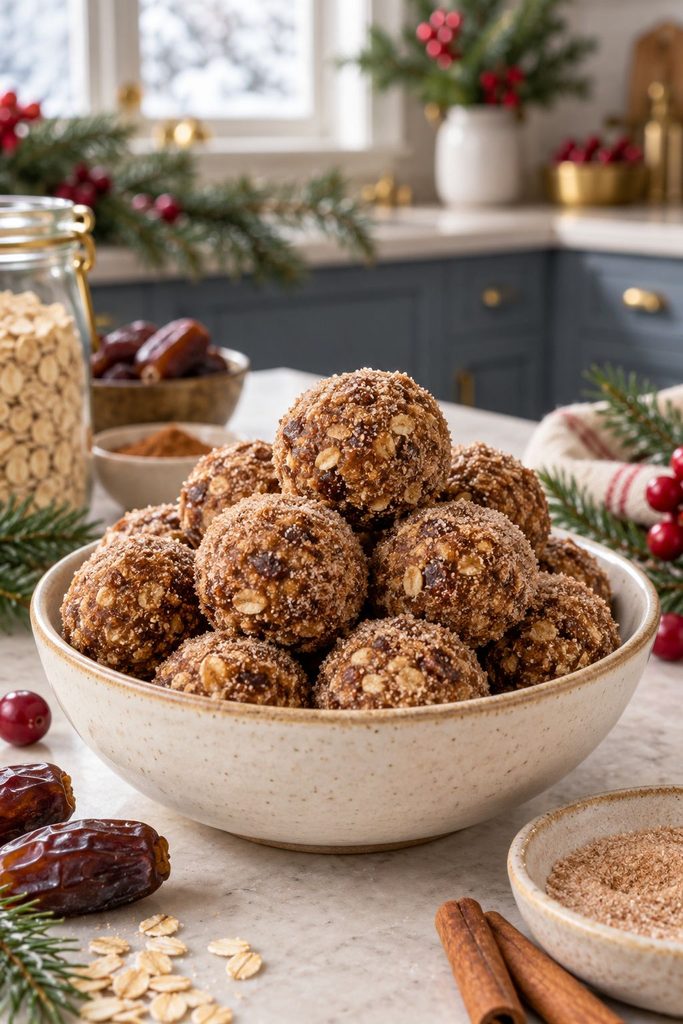 Gingerbread energy bites dusted with cinnamon sugar stacked in a bowl