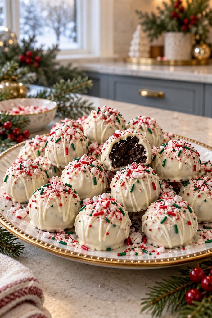 Peppermint Oreo truffles dipped in white chocolate with red and green sprinkles