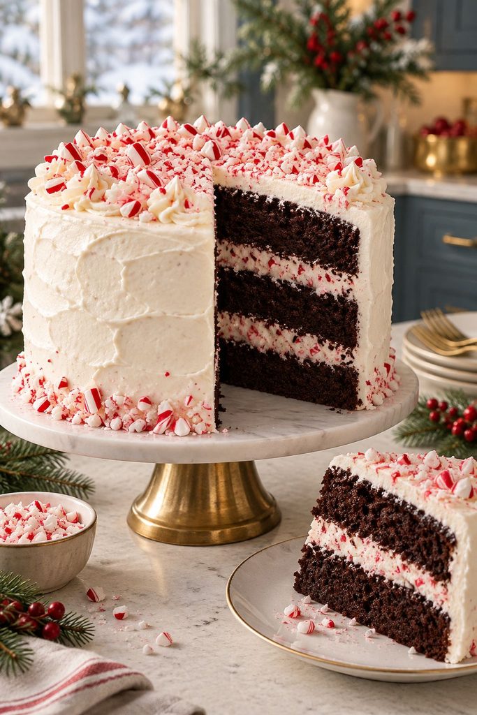 Three layer chocolate cake with white peppermint frosting and crushed candy cane on top