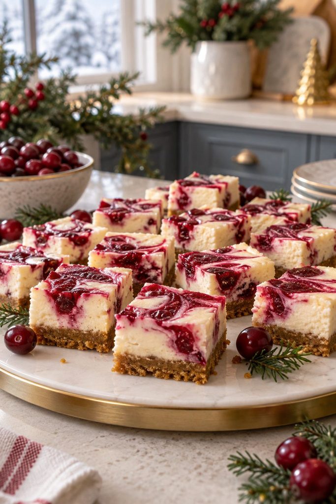 Cranberry swirl cheesecake bites with a ruby red sauce ribbon