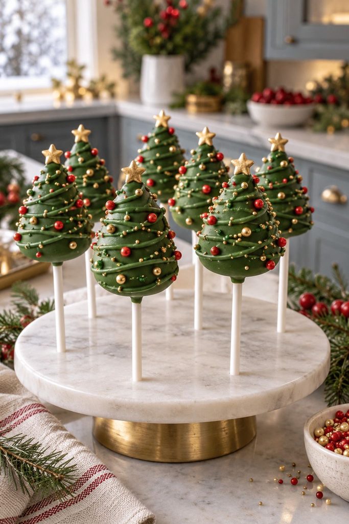 Red velvet cake pops shaped like green Christmas trees on sticks