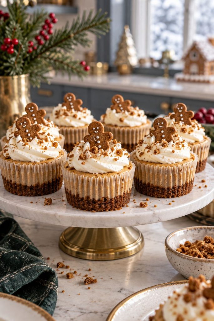 Mini gingerbread cheesecakes in cupcake liners topped with whipped cream