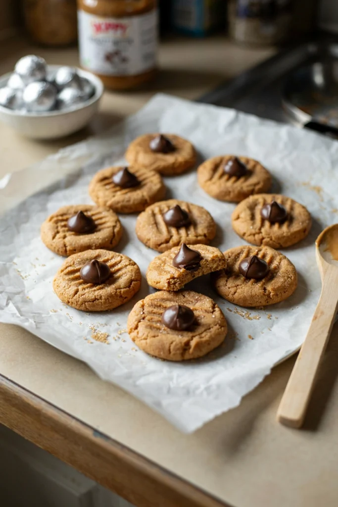 Peanut butter blossom cookies topped with a chocolate kiss, cooling on parchment paper