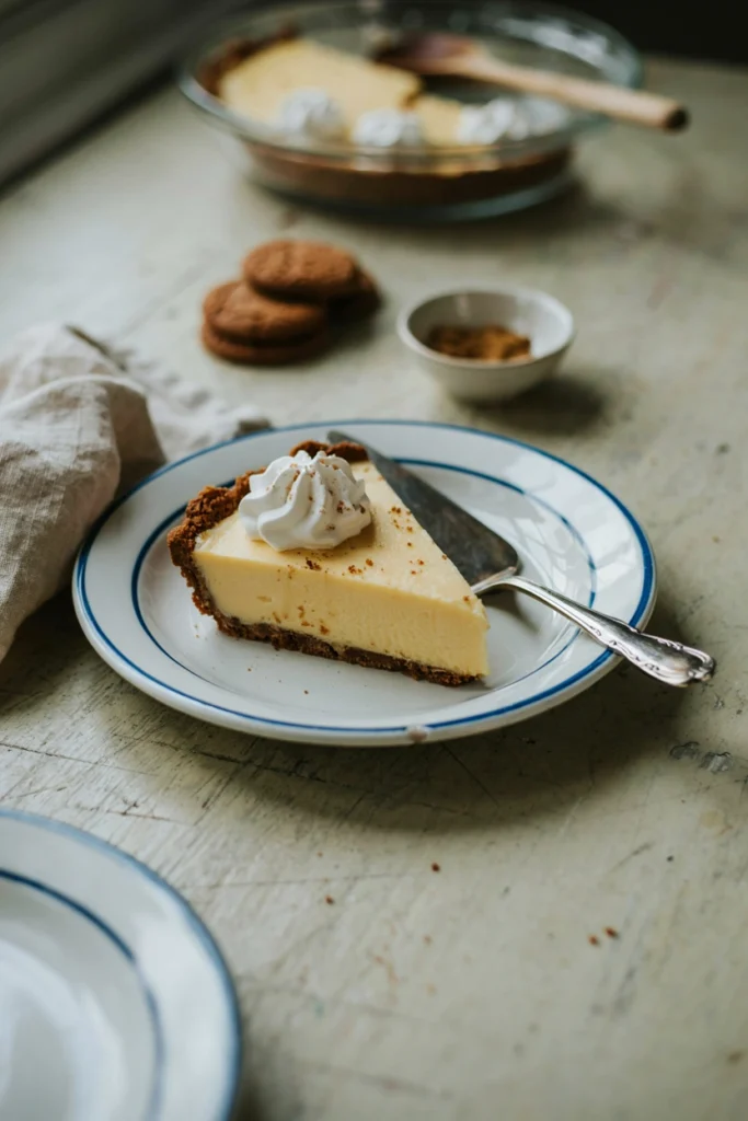 Slice of frozen eggnog ice cream pie in a gingersnap crust, topped with whipped cream and nutmeg