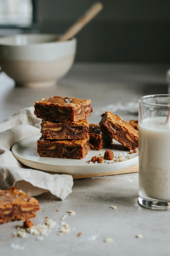 Vegan gingerbread blondies studded with molasses, cut into squares