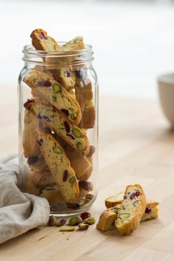Cranberry pistachio biscotti slices stacked in a glass jar