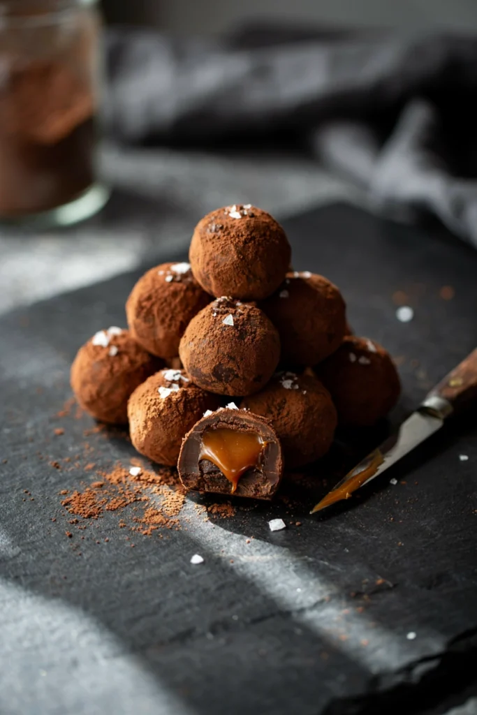 Salted caramel chocolate truffles dusted with cocoa powder, one truffle cut in half to show the caramel center