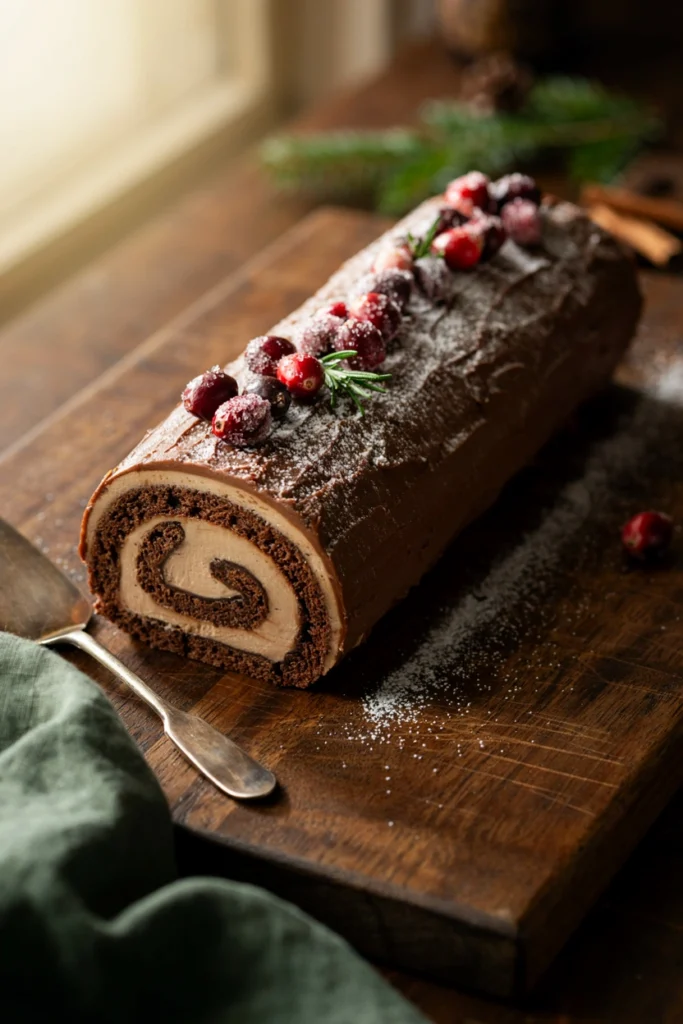 Chocolate yule log with bark-textured buttercream, dusted with powdered sugar and garnished with sugared cranberries
