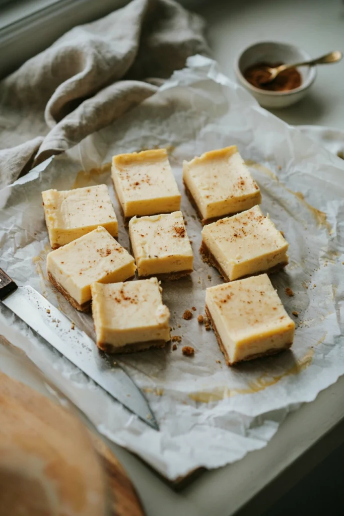 Eggnog cheesecake bars with a graham cracker crust, dusted with nutmeg