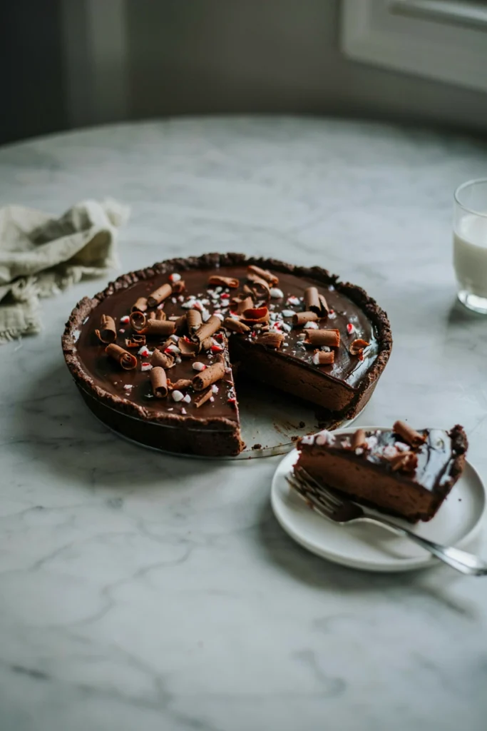 Chocolate peppermint freezer pie in a chocolate cookie crust, topped with chocolate curls and crushed peppermint