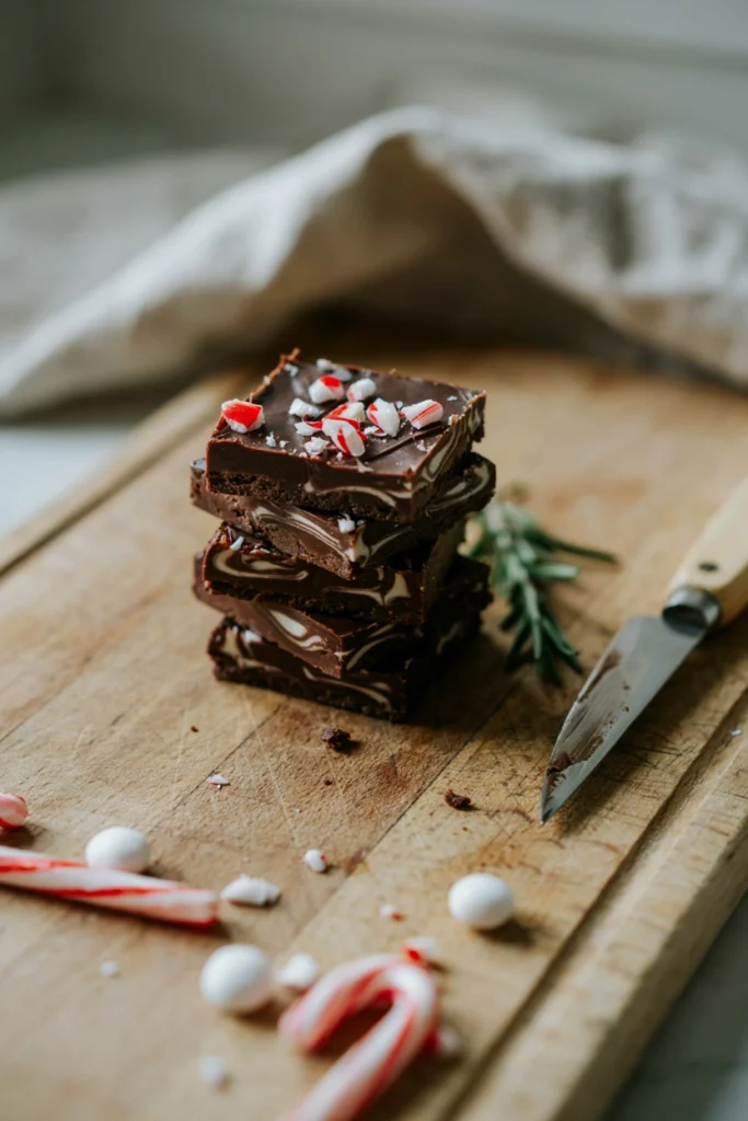 Peppermint bark fudge squares swirled with white chocolate and topped with crushed candy cane