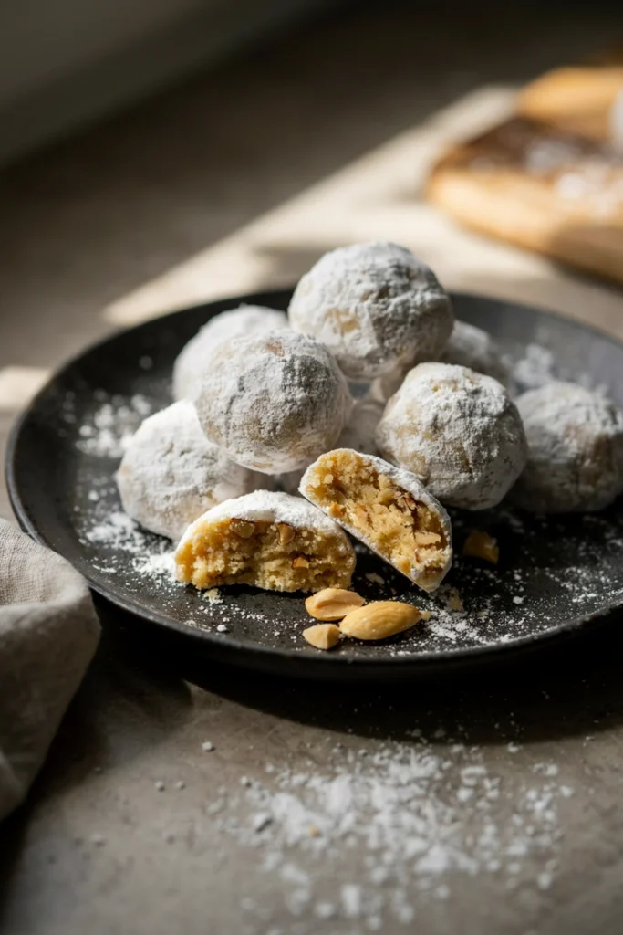 Gluten-free almond snowball cookies coated in powdered sugar, one broken in half